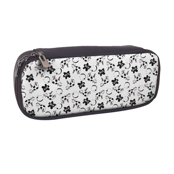 Vsdgher Cute Cow and Milk Stains Print Pen Case Leather Pencil Pouch Markers Holder Big Capacity Bag with Zippered Pocket for Stationery Tool