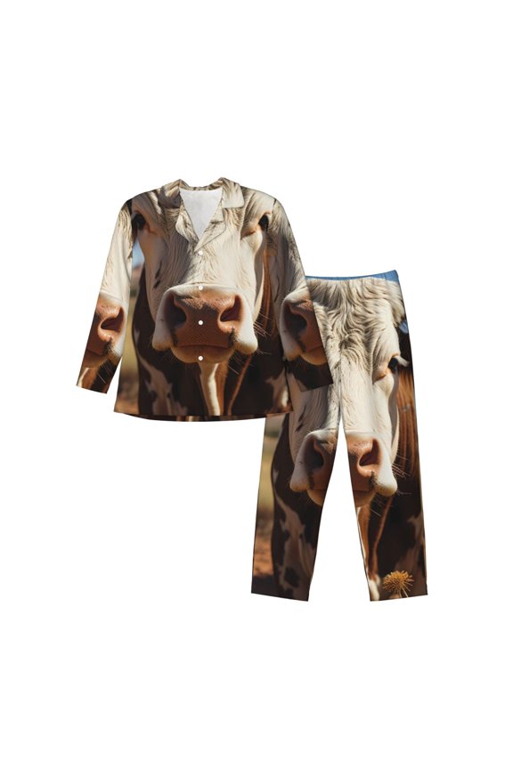 Cute Daisy Cow Mens Pajama Set, Soft Warm Long Sleeve Sleepwear, Cozy Button-Down Pjs for Men-XX-Large