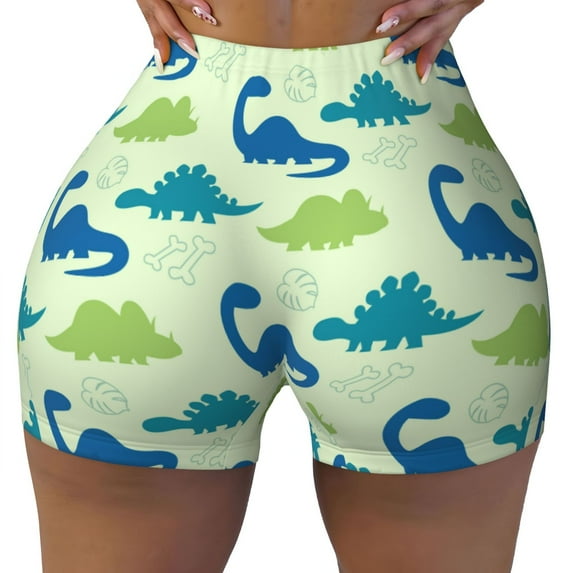 Vsdgher Cute Dinosaur Blue Green print Workout Shorts for Women Seamless Soft Smooth Gym Yoga Scrunch Active Exercise Fitness Shorts