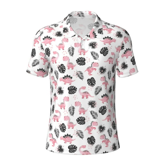 Vsdgher Cute Dinosaur Print Men's Short Sleeve Stretch Polo Shirt, Moisture-Wicking Performance Polo Shirt