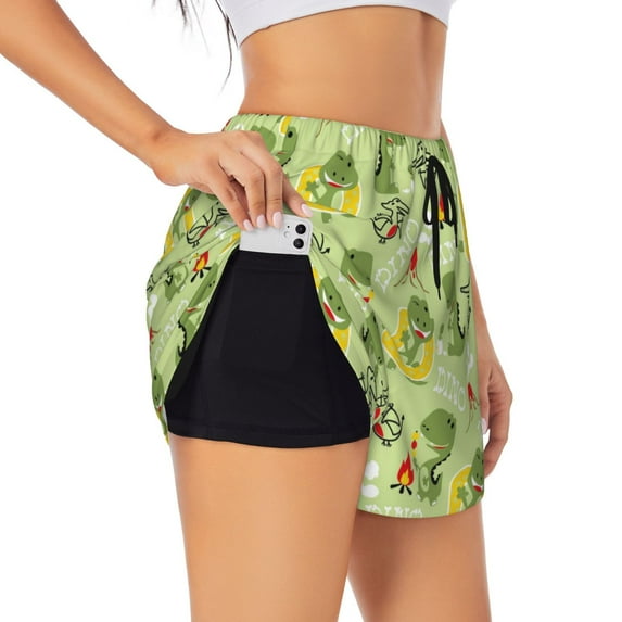 Vsdgher Cute Dinosaurs Cartoon Print Women's Running Double Layer Shorts High Waisted with Pockets Elastic Yoga Workout Athletic Gym Sports
