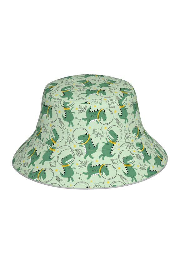 Cute Dinosaurs in Space Print Bucket Hat for Men&Women Bucket Hat Reversible Summer Double-Side-Wear Travel Gardening, Beach, Camping, Hiking, Fishing Cap