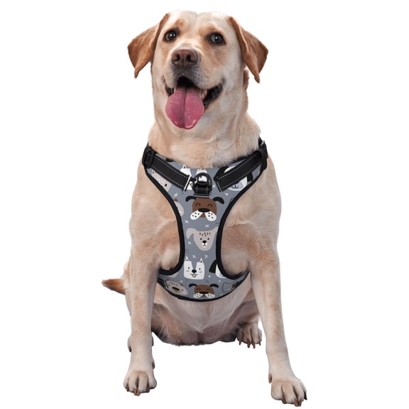Vsdgher Cute Dog Faces Pattern Dog Harness,No Pull Pet Harness with Soft Padded Handle,Adjustable Reflective Vest with 2 Buckles,4 Slide Buckles,S-XL Large