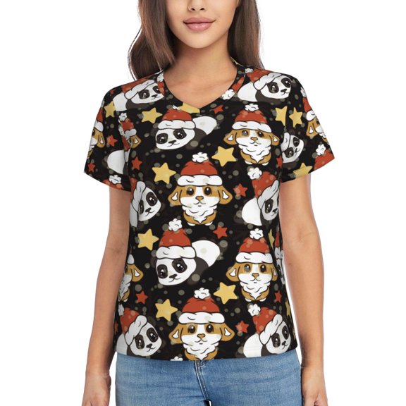 Vsdgher Cute Dog Panda Women Shirts V Neck Short Sleeve Tops T-Shirt Basic Tees, S to 3XLXX-Large