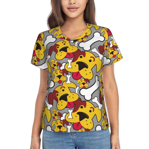 Vsdgher Cute Dog Women Shirts V Neck Short Sleeve Tops T-Shirt Basic Tees, S to 3XLLarge