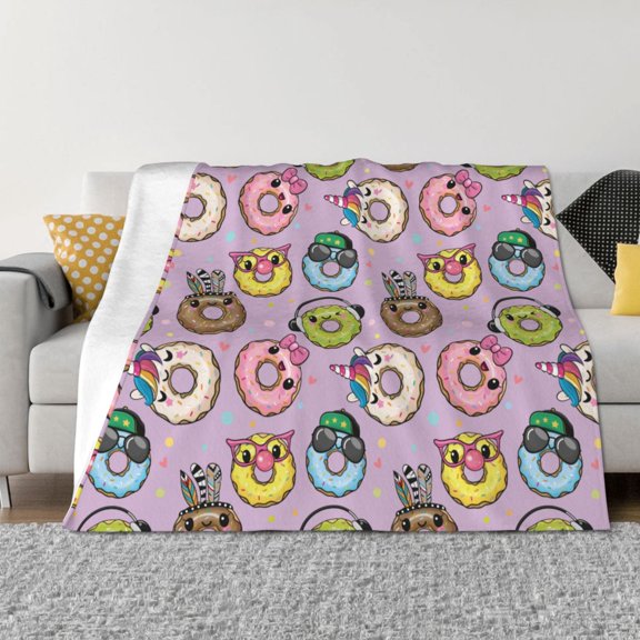 Vsdgher Cute Donuts Pattern Fleece Throw Blanket, Horizontal Fleece Bedding Home Decor for Couch & Bed All Season Use -80"x60"