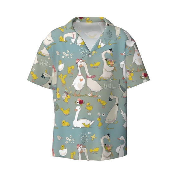Vsdgher Cute Farm Birds Print Men's Wrinkle Free Untucked Cuban Shirt Business Casual Button Down Shirts Short Sleeve Shirt