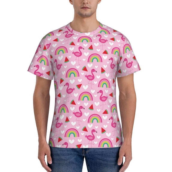 Vsdgher Cute Flamingo Print Men's Dry Fit Mesh Athletic Shirts Moisture Wicking Tennis T-Shirt Tops