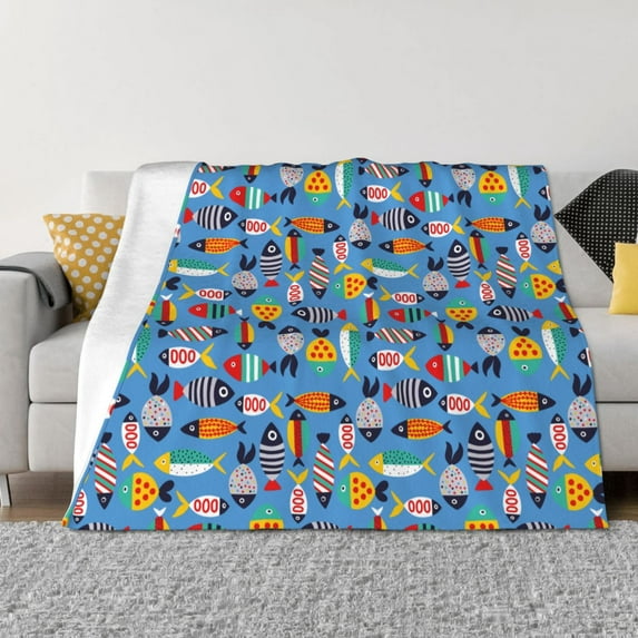 Vsdgher Cute Flat Fish Pattern Fleece Throw Blanket, Horizontal Fleece Bedding Home Decor for Couch & Bed All Season Use -50"x40"