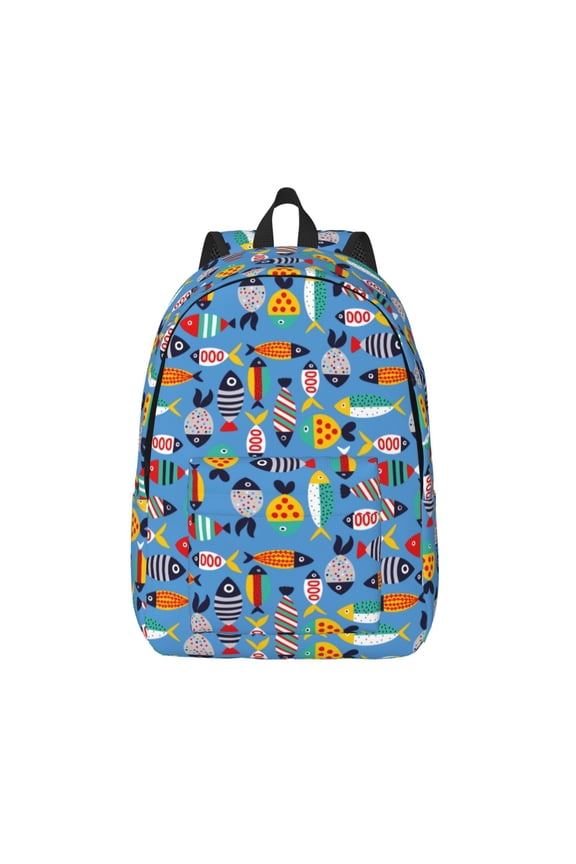 Cute Flat Fish Print Canvas Backpack Travel Rucksack Unisex Knapsack 15.7/17.7Inch Laptop Backpack for Work,College -Small