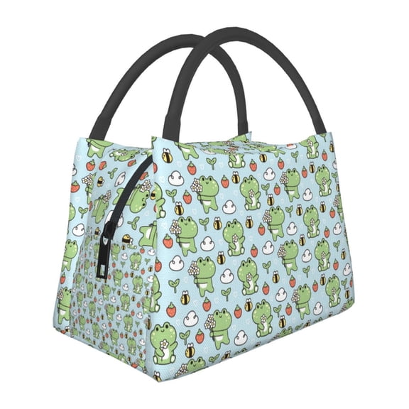 Vsdgher Cute Floral Frog Print Insulated Reusable Bags with Sturdy Zipper and Handles, Foldable Totes for Hot or Cold Food Bring or Delivery