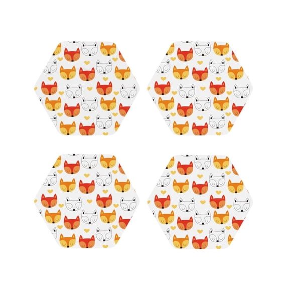 Vsdgher Cute Fox with Heart Leather Coasters for Drinks, Durable Drink Coasters 4 Set for Tabletop Protection, Luxurious Home Décor and Housewarming Gift-Hexagon