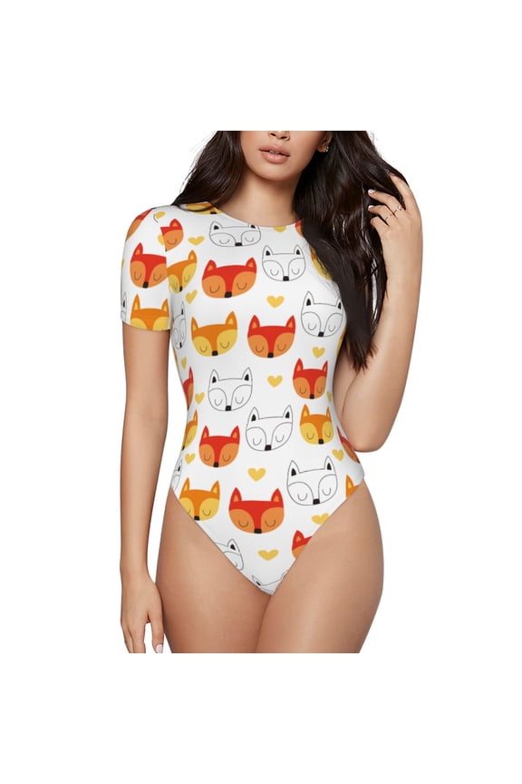 Cute Fox with Heart Prinr Short Sleeve Body suit for Womens, Sexy Onesie One Piece Round Neck Bodysuit Shapewear Tummy Control-Medium