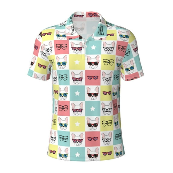 Vsdgher Cute French Bulldog Print Men's Short Sleeve Stretch Polo Shirt, Moisture-Wicking Performance Polo Shirt