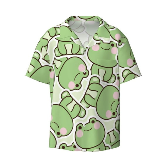 Vsdgher Cute Frog Print Men's Wrinkle Free Untucked Cuban Shirt Business Casual Button Down Shirts Short Sleeve Shirt