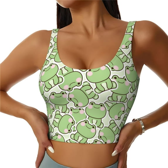 Vsdgher Cute Frog Print Women Sleeveless Athletic Tank Top Built-in Bra Camisole Sports Vest for Yoga Running Fitness Exercise with Removable Pads