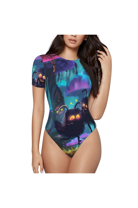 Cute Fuzzy Fantasy Creatures Prinr Short Sleeve Body suit for Womens, Sexy Onesie One Piece Round Neck Bodysuit Shapewear Tummy Control-Medium