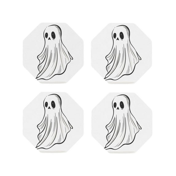 Vsdgher Cute Ghost Simple Drawing Leather Coasters for Drinks, Durable Drink Coasters 4 Set for Tabletop Protection, Luxurious Home Décor and Housewarming Gift-Octagon