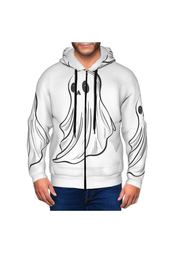 Cute Ghost Simple Drawing Mens Hoodies Zip Hoodie, Hoodies for Men, Zip-up Hooded Sweatshirt-X-Large