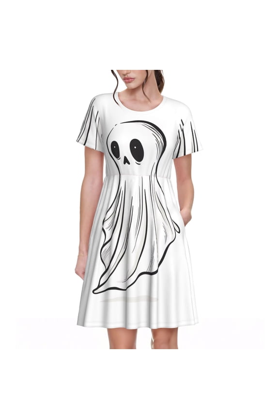 Cute Ghost Simple Drawing for Womens Summer 2025 Casual Midi Maxi Dresses Lightweight Short Sleeve Round Neck Beach Dress -Medium