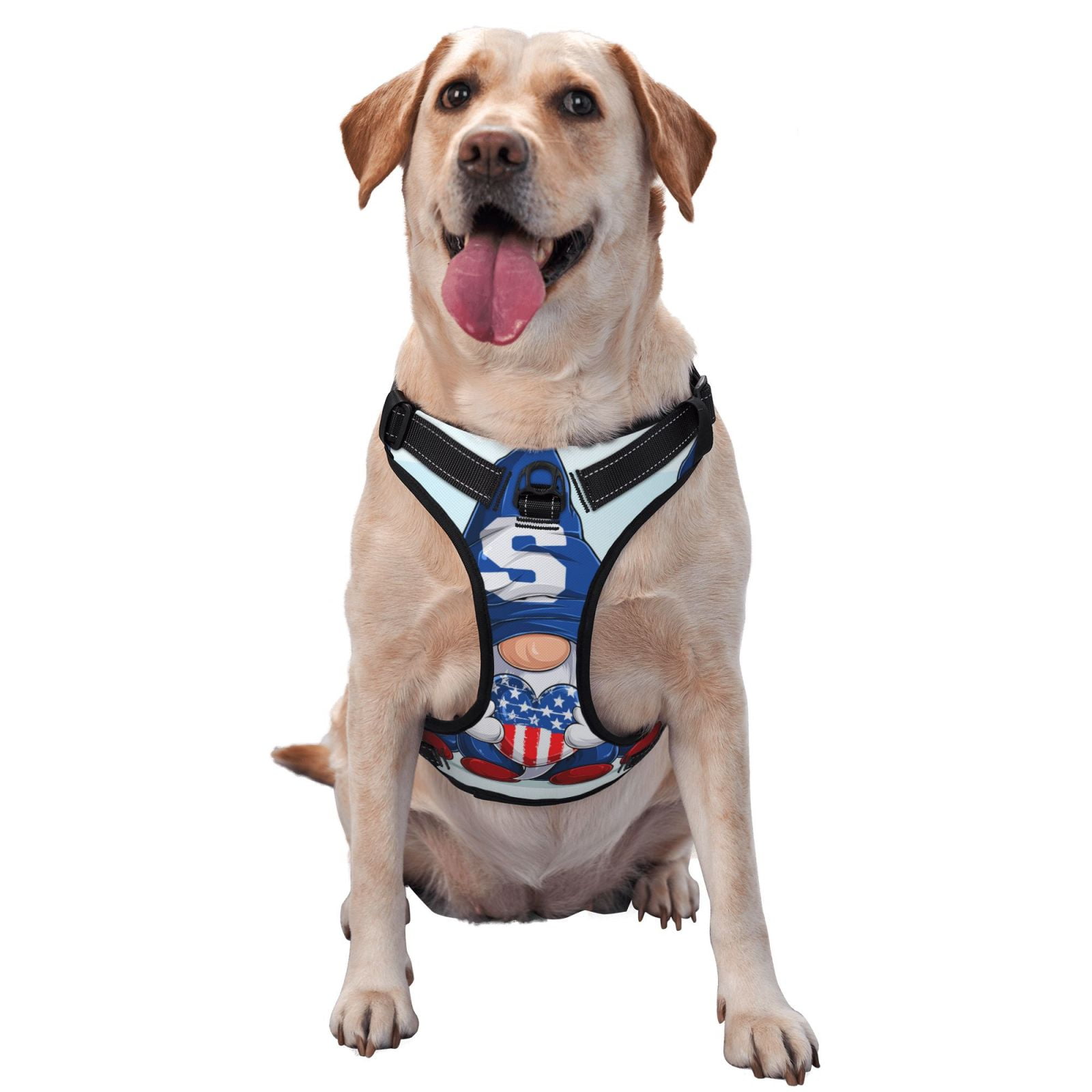 Vsdgher Cute Gnomes in USA Pattern Dog Harness,No Pull Pet Harness with Soft Padded Handle,Adjustable Reflective Vest with 2 Buckles,4 Slide Buckles,S-XL Large