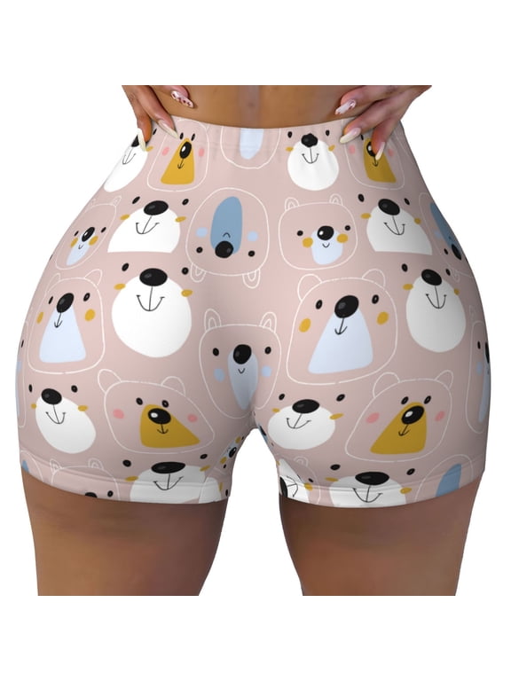 Cute Hand Drawn Bear print Workout Shorts for Women Seamless Soft Smooth Gym Yoga Scrunch Active Exercise Fitness Shorts
