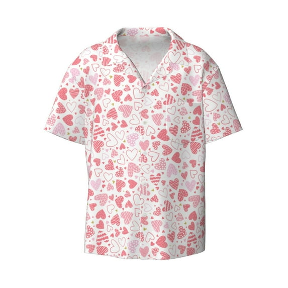 Vsdgher Cute Hand Drawn Hearts Print Men's Wrinkle Free Untucked Cuban Shirt Business Casual Button Down Shirts Short Sleeve Shirt