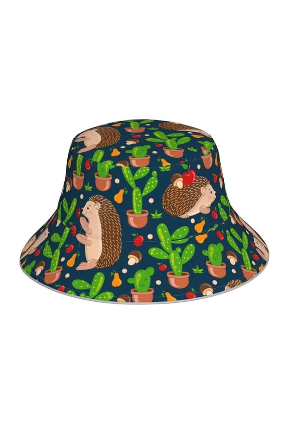Cute Hedgehogs Cactus Blue Print Bucket Hat for Men&Women Bucket Hat Reversible Summer Double-Side-Wear Travel Gardening, Beach, Camping, Hiking, Fishing Cap