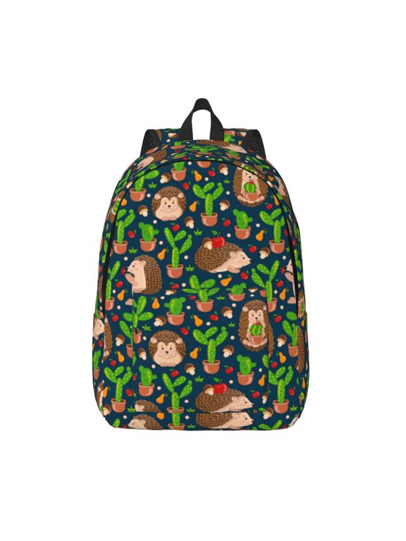 Cute Hedgehogs Cactus Blue Print Canvas Backpack Travel Rucksack Unisex Knapsack 15.7/17.7Inch Laptop Backpack for Work,College -Small