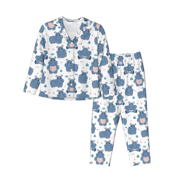 Vsdgher Cute Hippos Pajamas Set Long Sleeve Sleepwear Womens Button Down Nightwear Pj Sets-Small