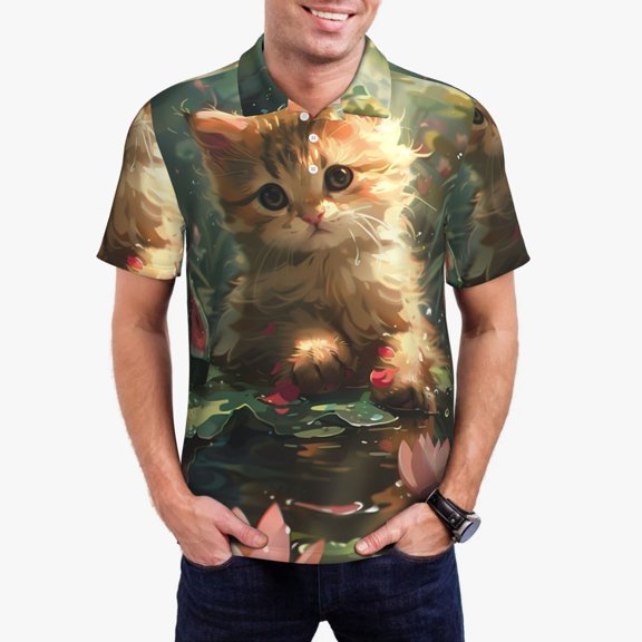 Vsdgher Cute Kitten Water Lilies Polo Shirts for Men, Men's Short Sleeve Stretch Polo Shirt, Shirts for Men-Medium