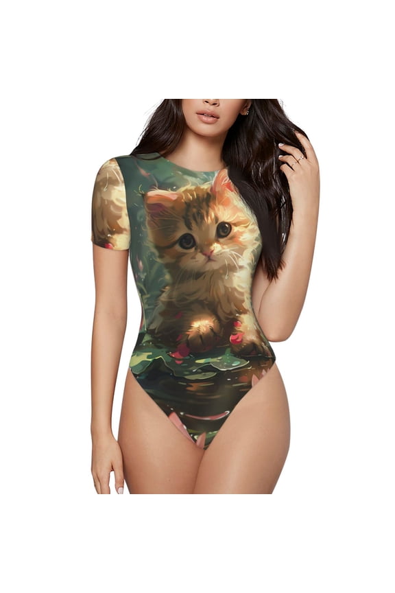 Cute Kitten Water Lilies Prinr Short Sleeve Body suit for Womens, Sexy Onesie One Piece Round Neck Bodysuit Shapewear Tummy Control-Medium