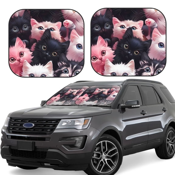 Vsdgher Cute Kittens Group Portrait Print Car Windshield Sun Shade, Reflective Sunshade Window Sunshade Sun Visor Protector Fit for Cars,Trucks,SUVs-Small