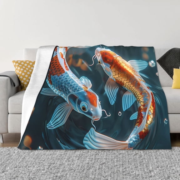 Vsdgher Cute Koi Fish Serenity Pattern Fleece Throw Blanket, Horizontal Fleece Bedding Home Decor for Couch & Bed All Season Use -80"x60"