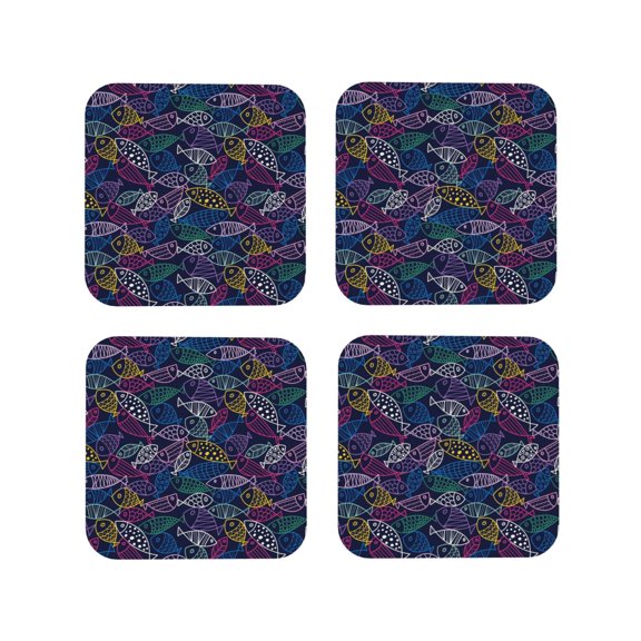 Vsdgher Cute Line Fish Leather Coasters for Drinks, Durable Drink Coasters 4 Set for Tabletop Protection, Luxurious Home Décor and Housewarming Gift ( {designName})Square