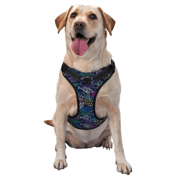 Vsdgher Cute Line Fish Pattern Dog Harness,No Pull Pet Harness with Soft Padded Handle,Adjustable Reflective Vest with 2 Buckles,4 Slide Buckles,S-XL X-Large