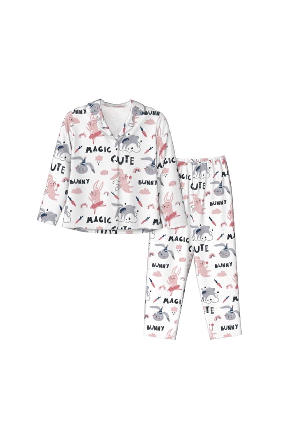 Cute Magic Bunny Pajamas Set Long Sleeve Sleepwear Womens Button Down Nightwear Pj Sets-Medium