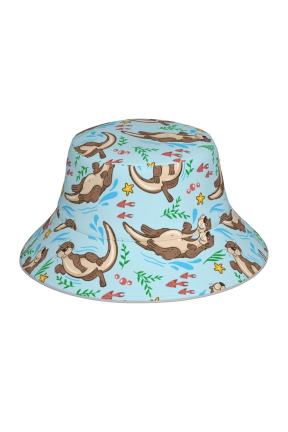 Cute Otters Print Bucket Hat for Men&Women Bucket Hat Reversible Summer Double-Side-Wear Travel Gardening, Beach, Camping, Hiking, Fishing Cap