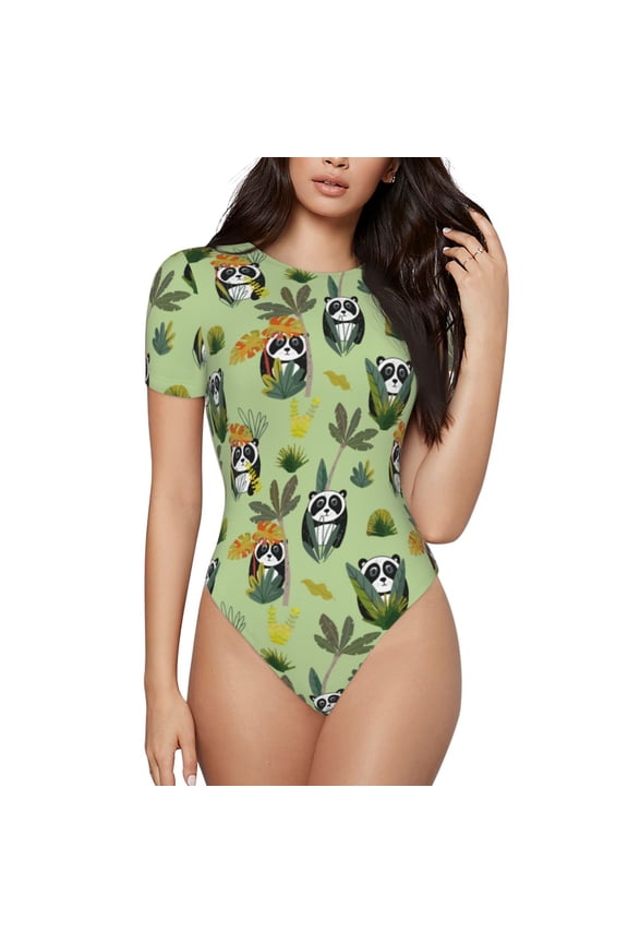 Cute Panda Bear In Greenery Forest Prinr Short Sleeve Body suit for Womens, Sexy Onesie One Piece Round Neck Bodysuit Shapewear Tummy Control-X-Large