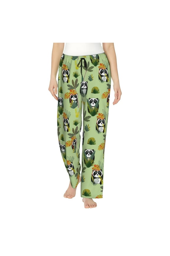Cute Panda Bear In Greenery Forest Women’s Womens Pajama Pants, Lounge Wide Leg PantsLounge Pants,Sleep Bottoms, Lounge for Women-Large