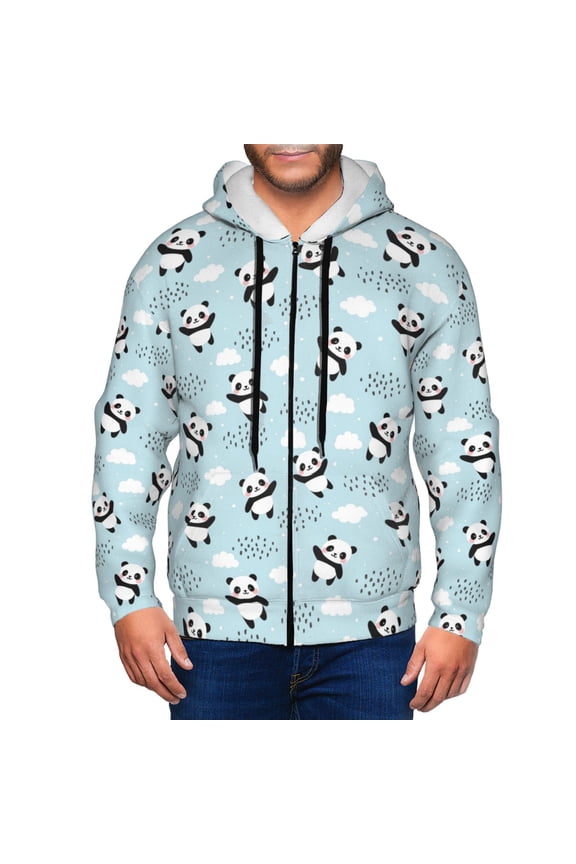 Cute Panda Bear Mens Hoodies Zip Hoodie, Hoodies for Men, Zip-up Hooded Sweatshirt-Large