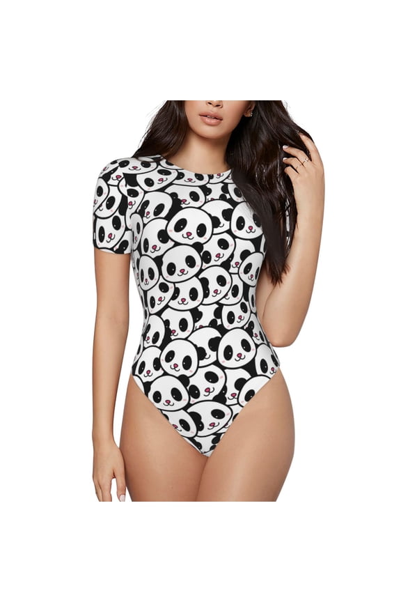 Cute Panda Face Prinr Short Sleeve Body suit for Womens, Sexy Onesie One Piece Round Neck Bodysuit Shapewear Tummy Control-Large