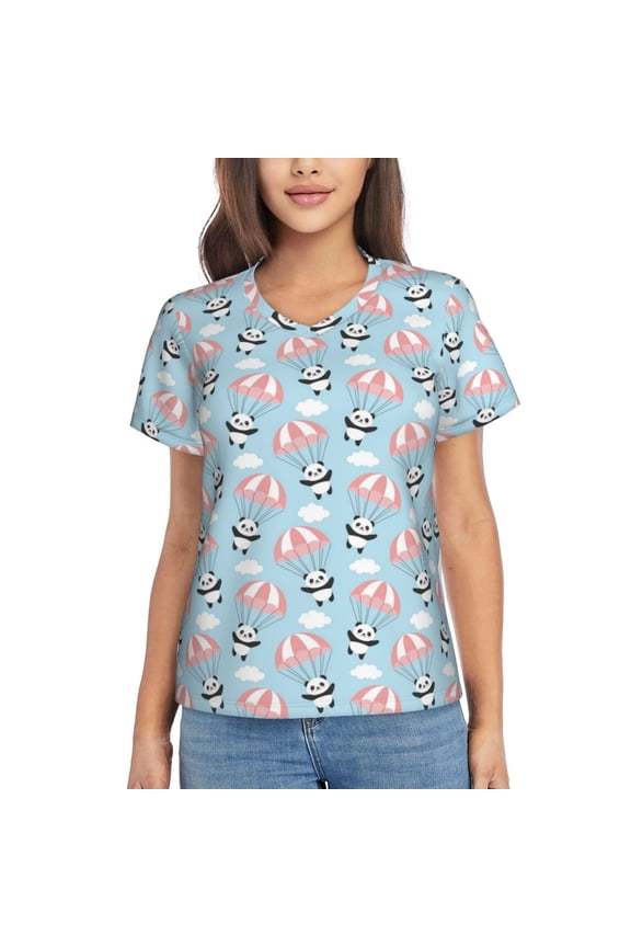 Cute Panda Flying in the Sky Women Shirts V Neck Short Sleeve Tops T-Shirt Basic Tees, S to 3XLMedium