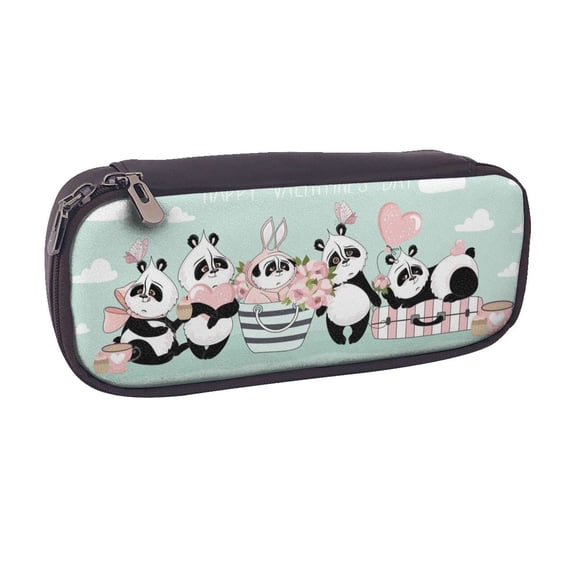 Vsdgher Cute Panda Print Pen Case Leather Pencil Pouch Markers Holder Big Capacity Bag with Zippered Pocket for Stationery Tool