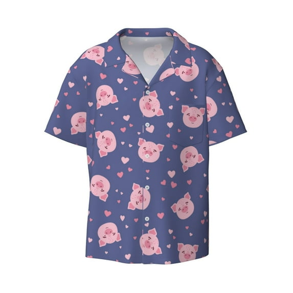 Vsdgher Cute Pig Print Men's Wrinkle Free Untucked Cuban Shirt Business Casual Button Down Shirts Short Sleeve Shirt