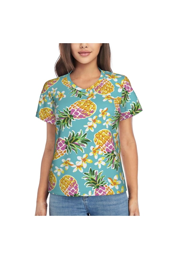 Cute Pineapples Women Shirts V Neck Short Sleeve Tops T-Shirt Basic Tees, S to 3XLSmall