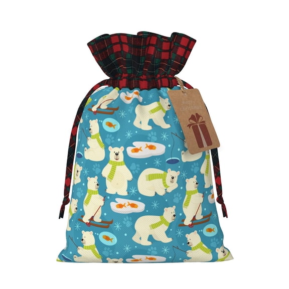 Vsdgher Cute Polar Bear Fishing Christmas Drawstring Bags Xmas Burlap Bags Pouches Xmas Elements Wrapping Bags for Candy Goody Birthday Wedding-Black