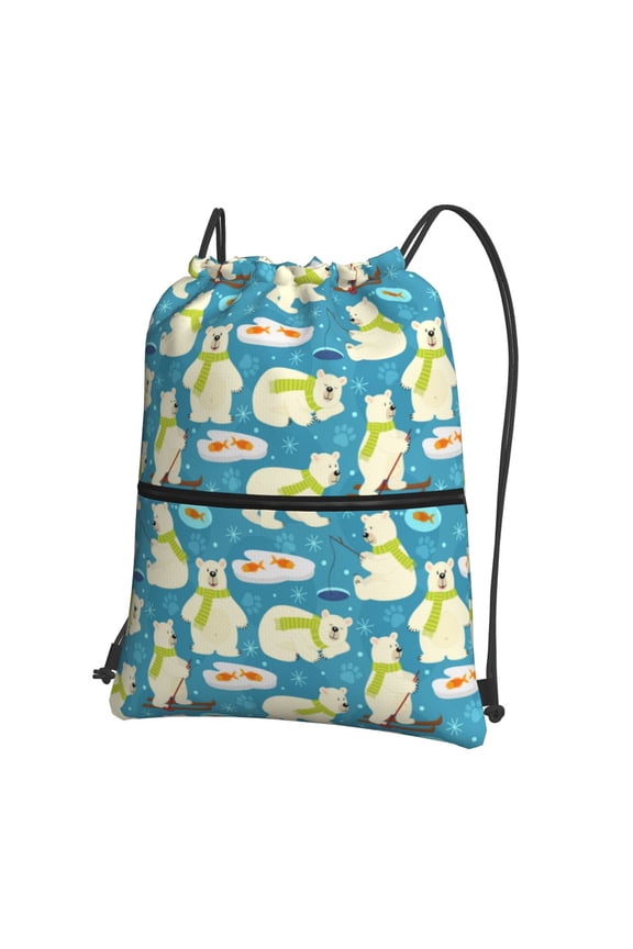 Cute Polar Bear Fishing Drawstring Backpack Water Resistant String Bag Sports Sackpack Gym Sack for Men Women