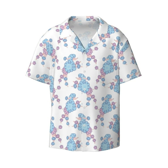 Vsdgher Cute Poodle Dog Print Men's Wrinkle Free Untucked Cuban Shirt Business Casual Button Down Shirts Short Sleeve Shirt