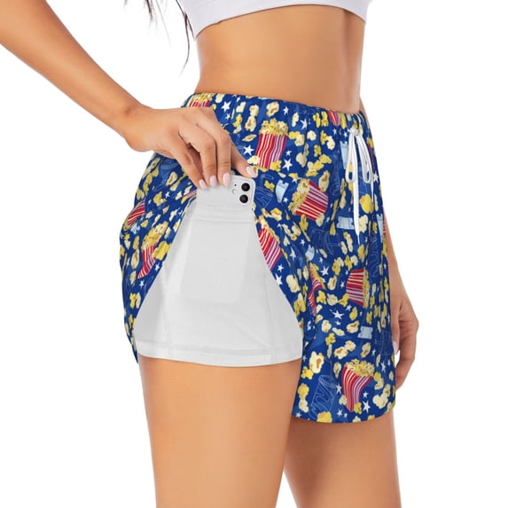 Vsdgher Cute Popcorn Print Women's Running Double Layer Shorts High Waisted with Pockets Elastic Yoga Workout Athletic Gym Sports